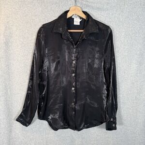 Vintage shimmer button up shirt womens small black metallic signaute by jarell